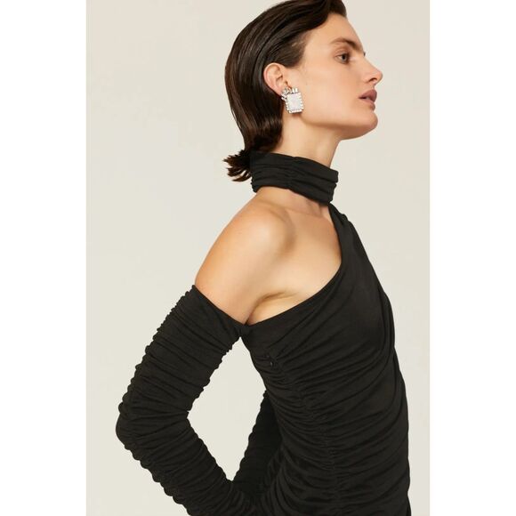 Aliette Black Ruched One Shoulder Asymmetrical Bodycon Sheath Dress -Altered- 6 - Picture 5 of 16